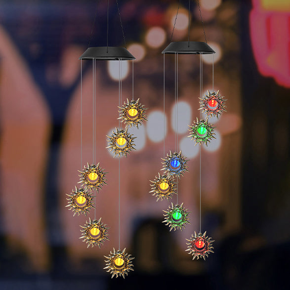 Décoration Contemporaine Bohème Solaire Imperméable ABS Métal Lune Soleil Étoile Carillon Éolien Suspendu LED Lumière Extérieure Éclairage Paysager Pour Patio Extérieur 