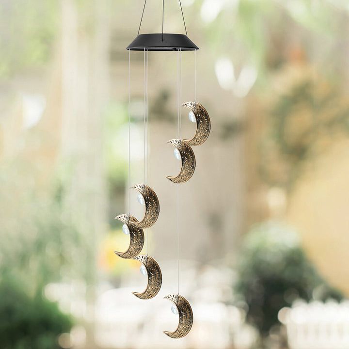Décoration Contemporaine Bohème Solaire Imperméable ABS Métal Lune Soleil Étoile Carillon Éolien Suspendu LED Lumière Extérieure Éclairage Paysager Pour Patio Extérieur 