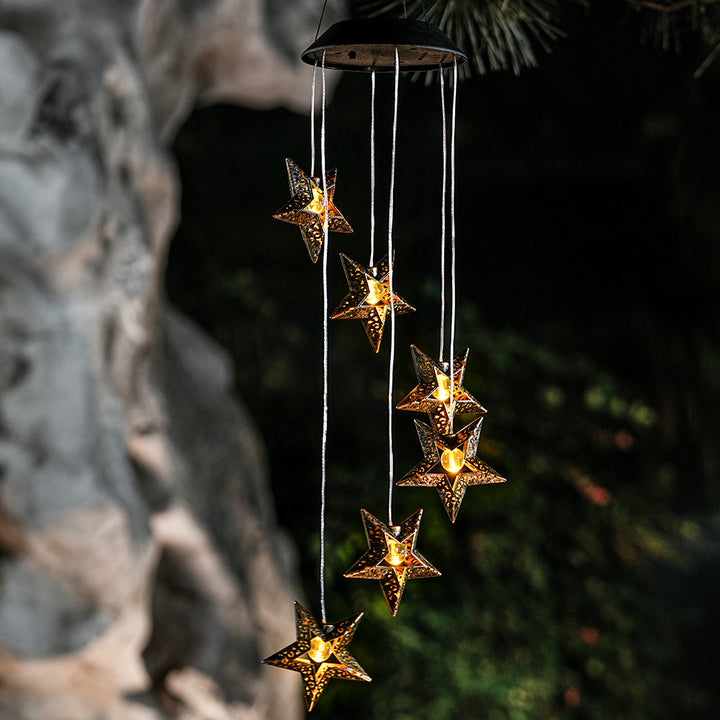 Décoration Contemporaine Bohème Solaire Imperméable ABS Métal Lune Soleil Étoile Carillon Éolien Suspendu LED Lumière Extérieure Éclairage Paysager Pour Patio Extérieur 