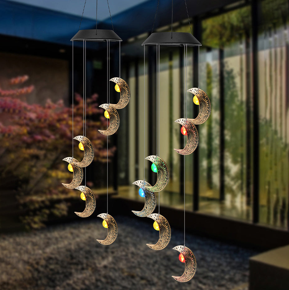Décoration Contemporaine Bohème Solaire Imperméable ABS Métal Lune Soleil Étoile Carillon Éolien Suspendu LED Lumière Extérieure Éclairage Paysager Pour Patio Extérieur 