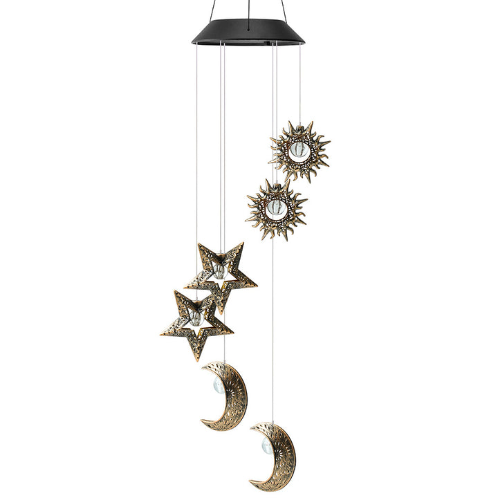 Décoration Contemporaine Bohème Solaire Imperméable ABS Métal Lune Soleil Étoile Carillon Éolien Suspendu LED Lumière Extérieure Éclairage Paysager Pour Patio Extérieur 