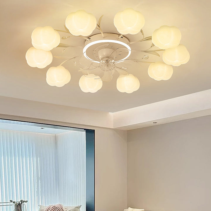 Contemporary Nordic Iron PVC Cotton Pumpkin 6/8/10 Light Semi-Flush Mount Ceiling Fan Light For Bedroom