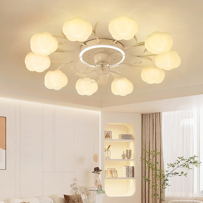 Contemporary Nordic Iron PVC Cotton Pumpkin 6/8/10 Light Semi-Flush Mount Ceiling Fan Light For Bedroom