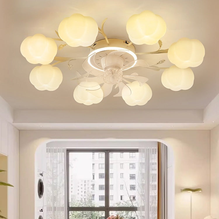 Contemporary Nordic Iron PVC Cotton Pumpkin 6/8/10 Light Semi-Flush Mount Ceiling Fan Light For Bedroom