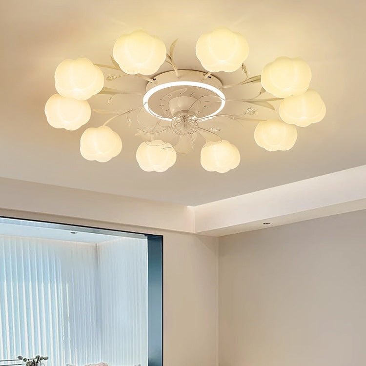 Contemporary Nordic Iron PVC Cotton Pumpkin 6/8/10 Light Semi-Flush Mount Ceiling Fan Light For Bedroom
