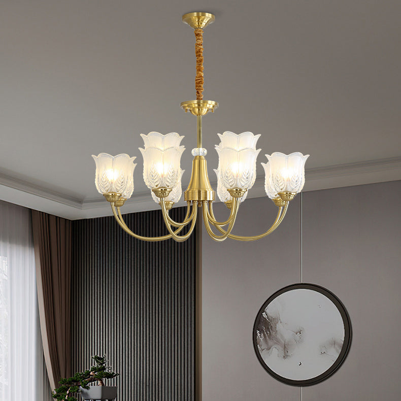 Traditional French Brass Glass Crystal Floral Bud 6/8/10/12-Light Chandeliers For Living Room