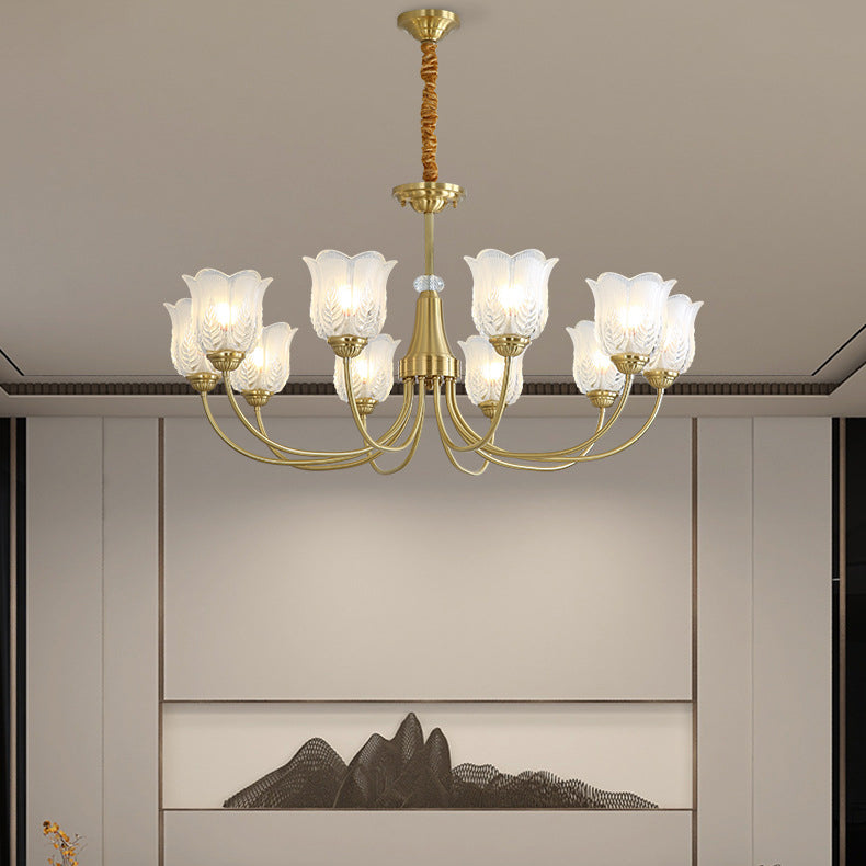 Traditional French Brass Glass Crystal Floral Bud 6/8/10/12-Light Chandeliers For Living Room
