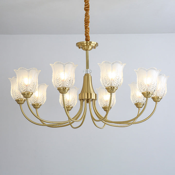 Traditional French Brass Glass Crystal Floral Bud 6/8/10/12-Light Chandeliers For Living Room
