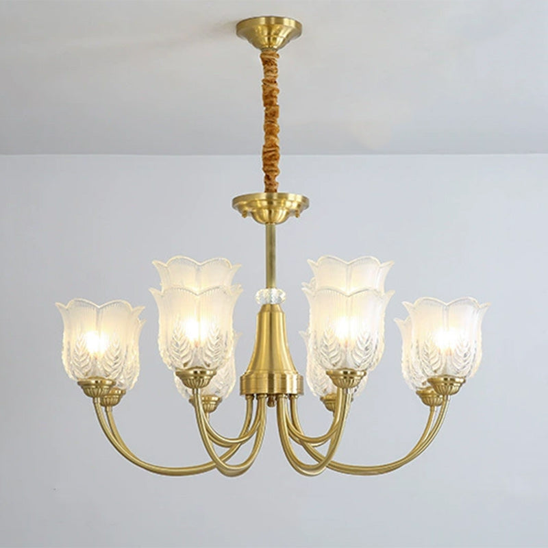 Traditional French Brass Glass Crystal Floral Bud 6/8/10/12-Light Chandeliers For Living Room