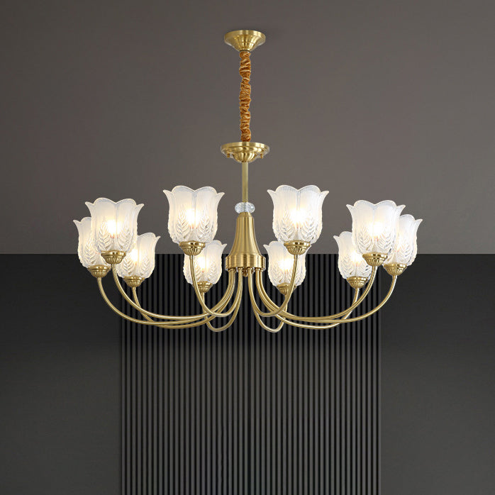 Traditional French Brass Glass Crystal Floral Bud 6/8/10/12-Light Chandeliers For Living Room