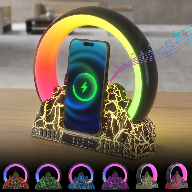 現代的なクリエイティブABS充電式Bluetoothサークル火山クラックル時計LEDアンビエントライトテーブルランプベッドサイド用 