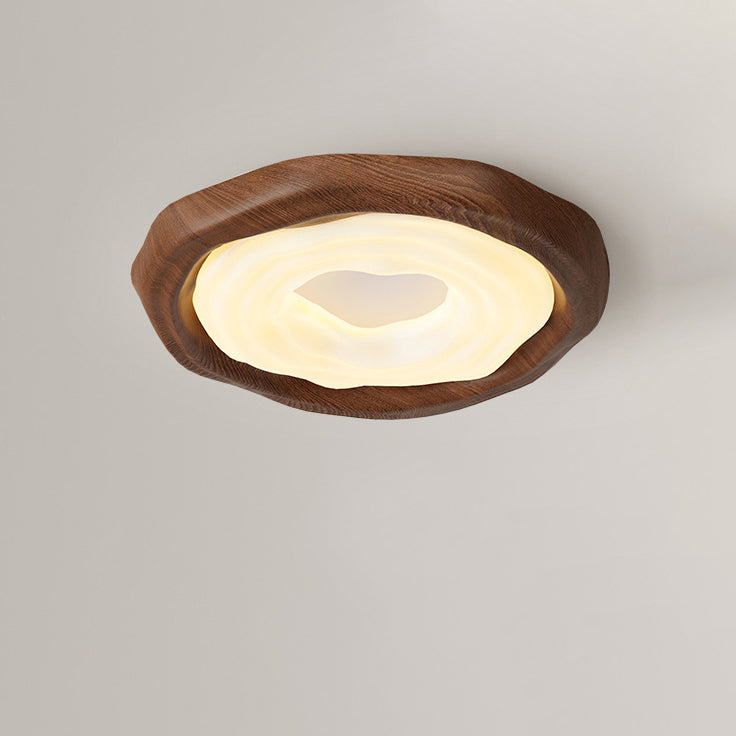 Contemporary Scandinavian Iron PE Round Imitation Cookie Wood Grain LED Flush Mount Ceiling Light For Bedroom