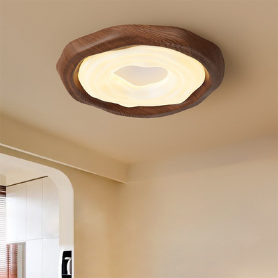 Contemporary Scandinavian Iron PE Round Imitation Cookie Wood Grain LED Flush Mount Ceiling Light For Bedroom