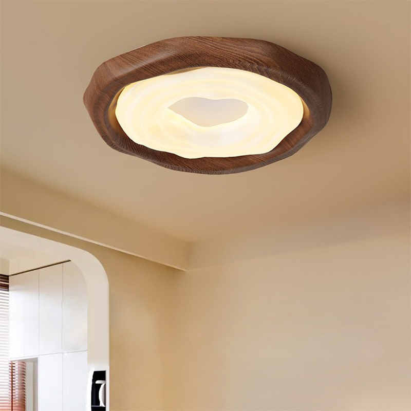 Contemporary Scandinavian Iron PE Round Imitation Cookie Wood Grain LED Flush Mount Ceiling Light For Bedroom