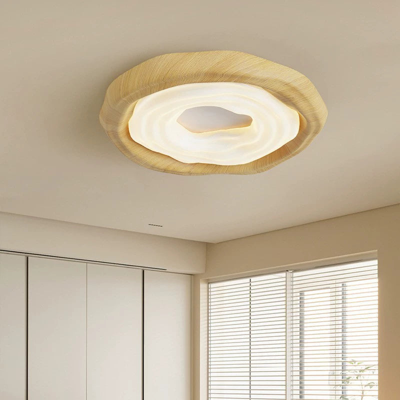 Contemporary Scandinavian Iron PE Round Imitation Cookie Wood Grain LED Flush Mount Ceiling Light For Bedroom