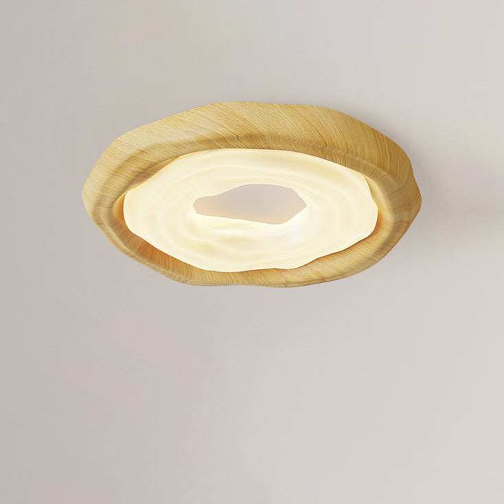 Contemporary Scandinavian Iron PE Round Imitation Cookie Wood Grain LED Flush Mount Ceiling Light For Bedroom