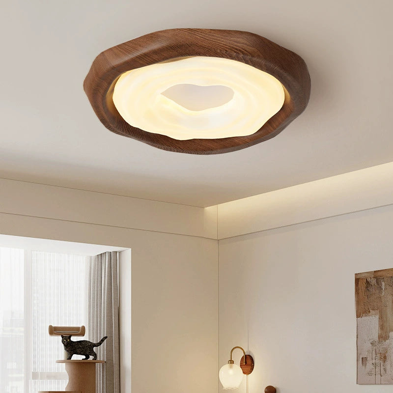 Contemporary Scandinavian Iron PE Round Imitation Cookie Wood Grain LED Flush Mount Ceiling Light For Bedroom