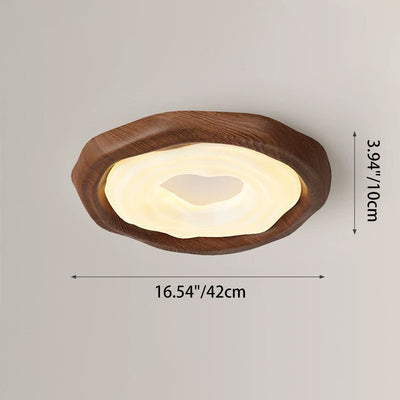 Contemporary Scandinavian Iron PE Round Imitation Cookie Wood Grain LED Flush Mount Ceiling Light For Bedroom