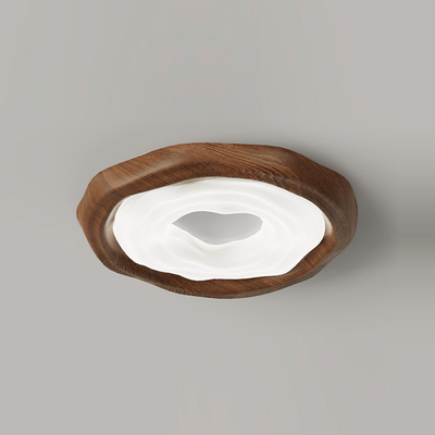 Contemporary Scandinavian Iron PE Round Imitation Cookie Wood Grain LED Flush Mount Ceiling Light For Bedroom