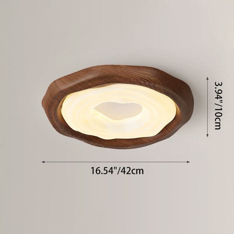 Contemporary Scandinavian Iron PE Round Imitation Cookie Wood Grain LED Flush Mount Ceiling Light For Bedroom