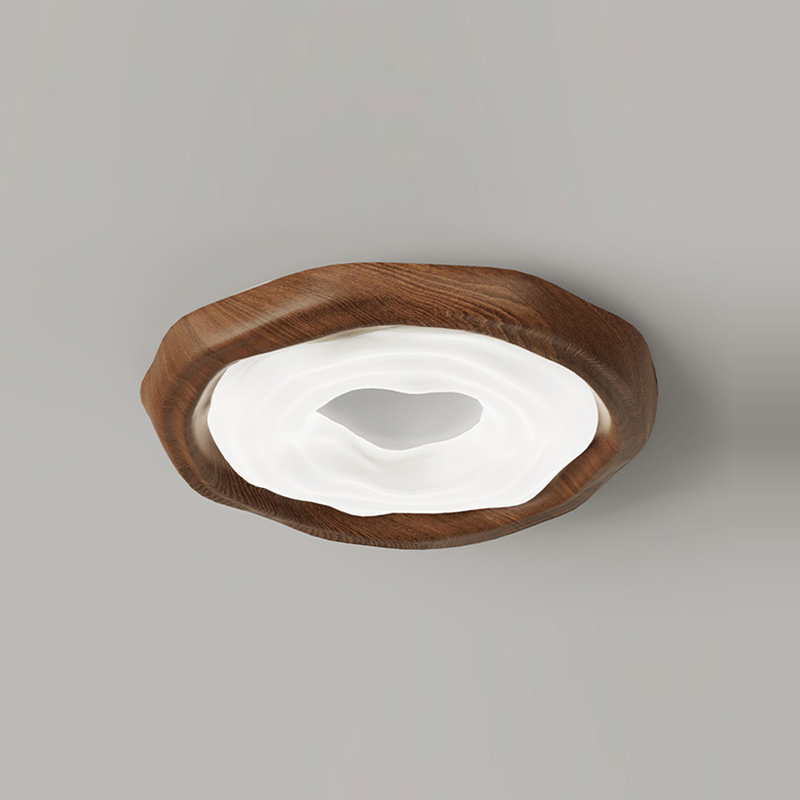 Contemporary Scandinavian Iron PE Round Imitation Cookie Wood Grain LED Flush Mount Ceiling Light For Bedroom