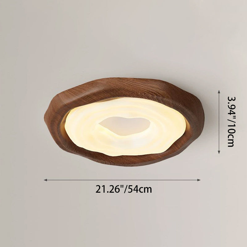 Contemporary Scandinavian Iron PE Round Imitation Cookie Wood Grain LED Flush Mount Ceiling Light For Bedroom