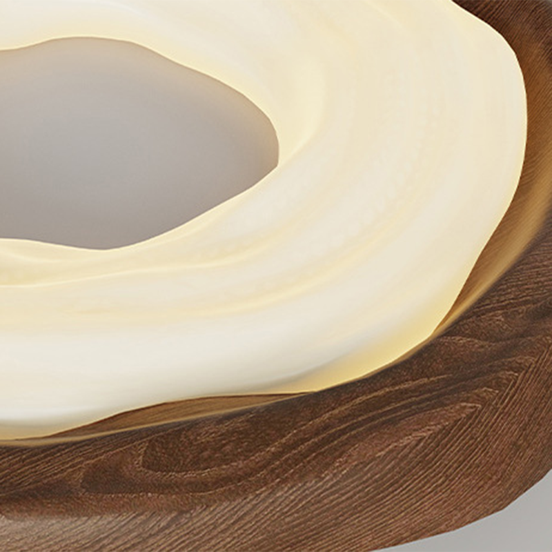 Contemporary Scandinavian Iron PE Round Imitation Cookie Wood Grain LED Flush Mount Ceiling Light For Bedroom