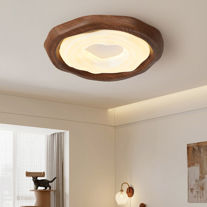 Plafonnier LED contemporain scandinave rond en fer PE imitation bois grain de biscuit pour chambre 