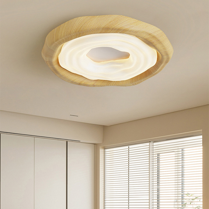 Plafonnier LED contemporain scandinave rond en fer PE imitation bois grain de biscuit pour chambre 