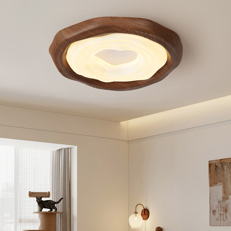 Contemporary Scandinavian Iron PE Round Imitation Cookie Wood Grain LED Flush Mount Ceiling Light For Bedroom