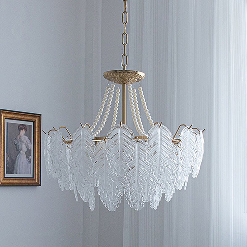 Lustres traditionnels en fer, verre et perles à feuilles multilayers 3/6/9/12/16 lumières pour chambre 