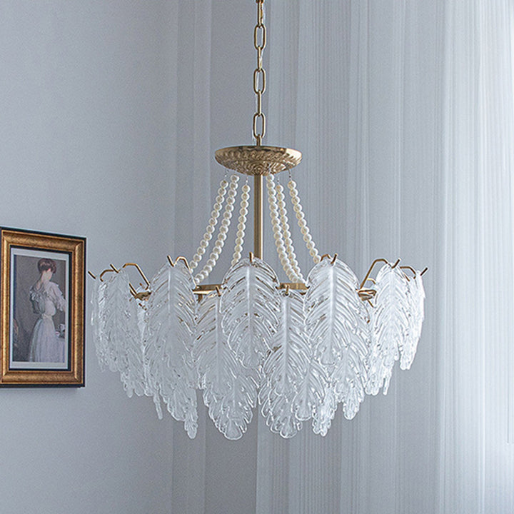 Lustres traditionnels en fer, verre et perles à feuilles multilayers 3/6/9/12/16 lumières pour chambre 