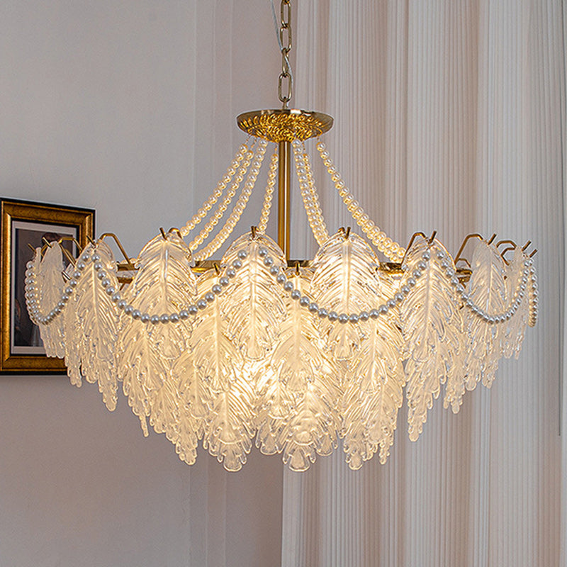 Lustres traditionnels en fer, verre et perles à feuilles multilayers 3/6/9/12/16 lumières pour chambre 
