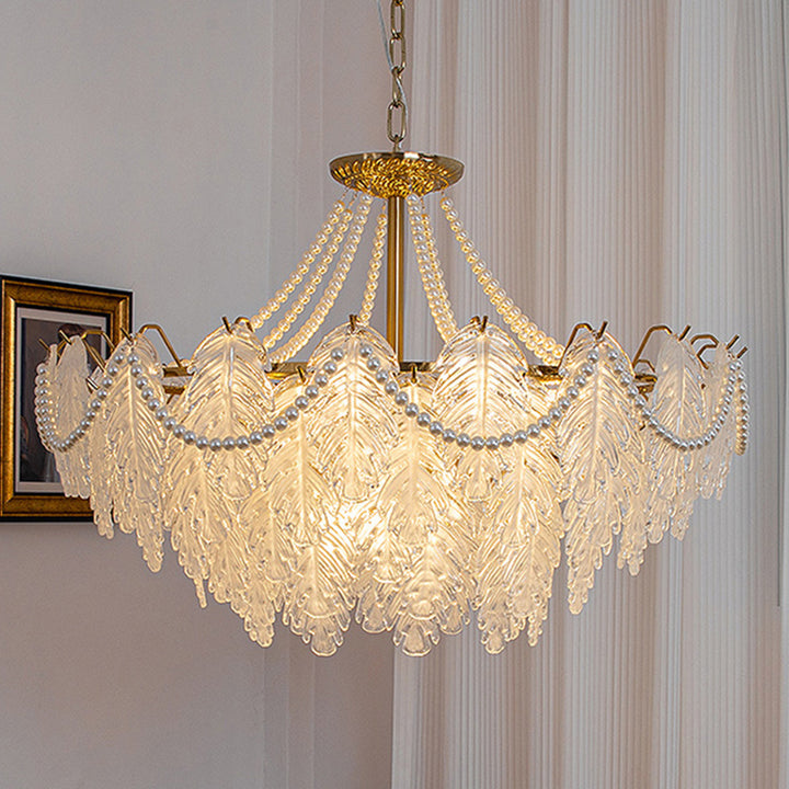 Lustres traditionnels en fer, verre et perles à feuilles multilayers 3/6/9/12/16 lumières pour chambre 