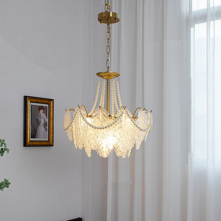 Lustres traditionnels en fer, verre et perles à feuilles multilayers 3/6/9/12/16 lumières pour chambre 