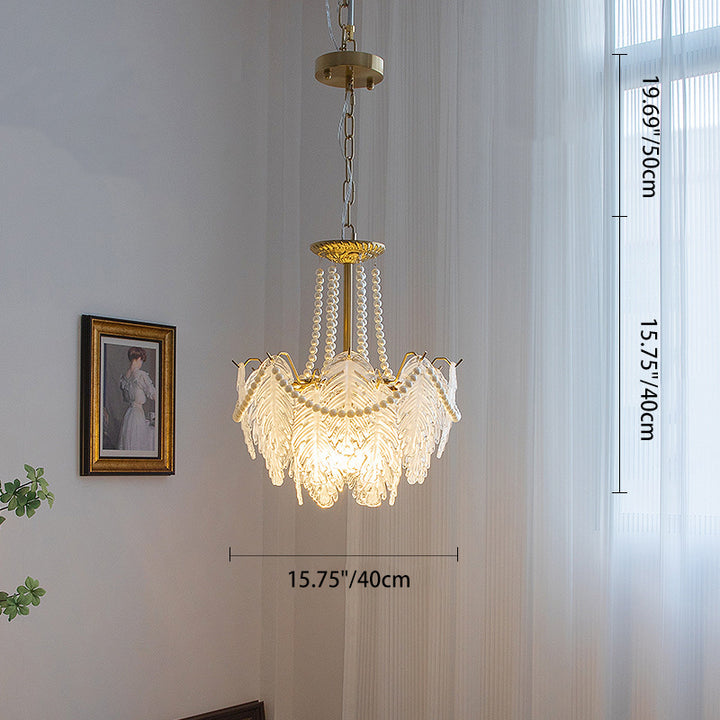 Lustres traditionnels en fer, verre et perles à feuilles multilayers 3/6/9/12/16 lumières pour chambre 
