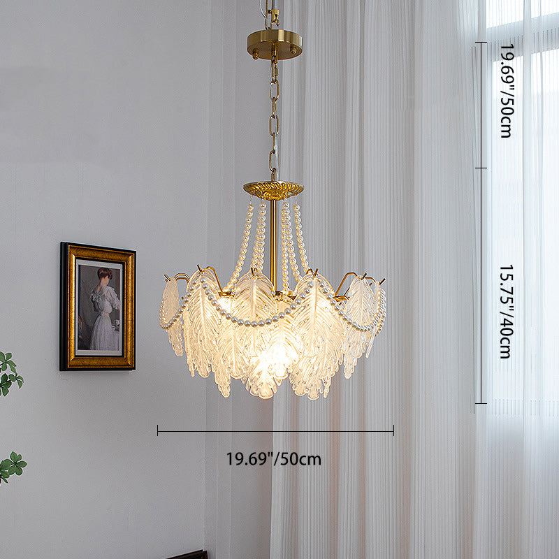 Lustres traditionnels en fer, verre et perles à feuilles multilayers 3/6/9/12/16 lumières pour chambre 