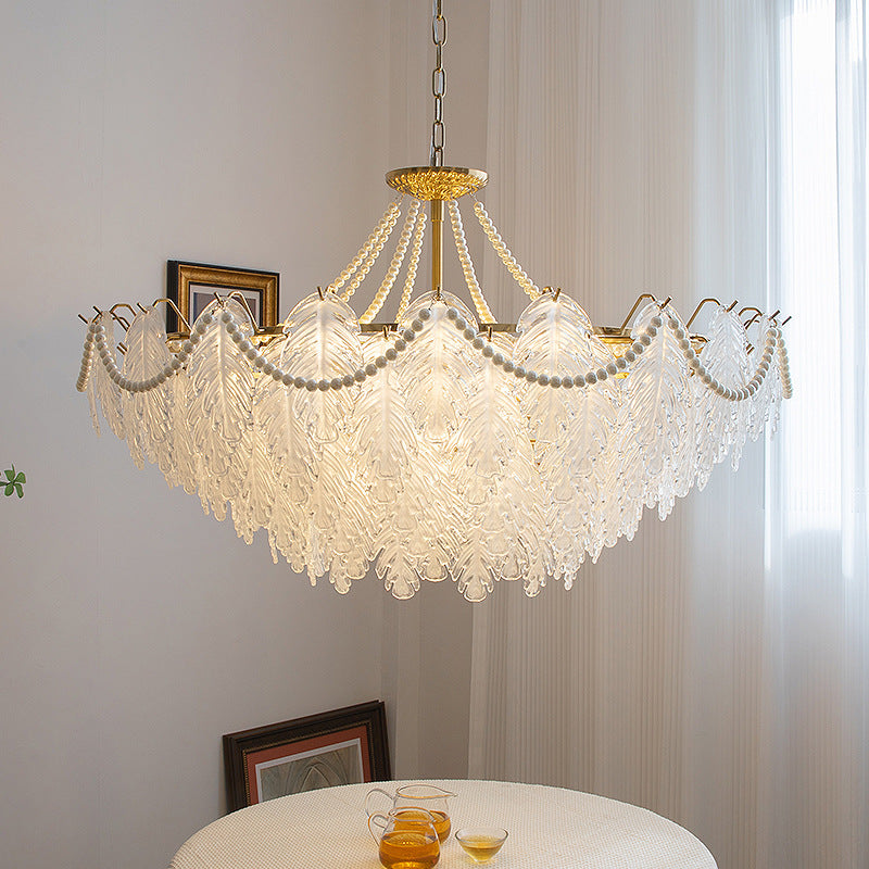 Lustres traditionnels en fer, verre et perles à feuilles multilayers 3/6/9/12/16 lumières pour chambre 