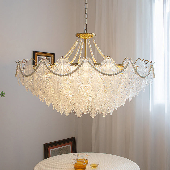 Lustres traditionnels en fer, verre et perles à feuilles multilayers 3/6/9/12/16 lumières pour chambre 