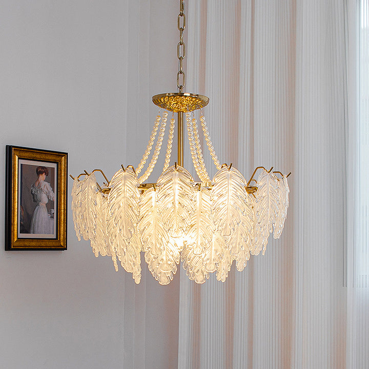 Traditional French Iron Glass Pearl Leaf Multilayered 3/6/9/12/16 Light Chandeliers For Bedroom