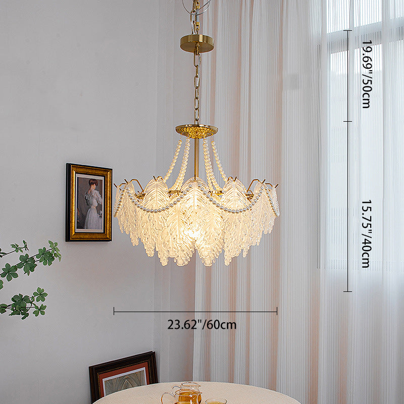 Lustres traditionnels en fer, verre et perles à feuilles multilayers 3/6/9/12/16 lumières pour chambre 