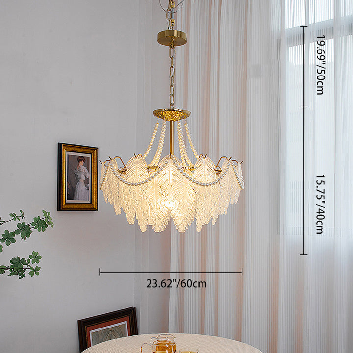 Lustres traditionnels en fer, verre et perles à feuilles multilayers 3/6/9/12/16 lumières pour chambre 