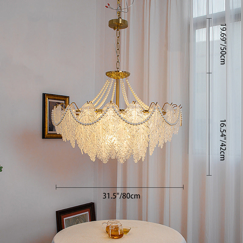 Lustres traditionnels en fer, verre et perles à feuilles multilayers 3/6/9/12/16 lumières pour chambre 