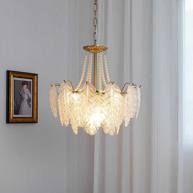 Lustres traditionnels en fer, verre et perles à feuilles multilayers 3/6/9/12/16 lumières pour chambre 