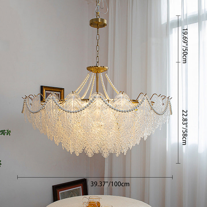 Lustres traditionnels en fer, verre et perles à feuilles multilayers 3/6/9/12/16 lumières pour chambre 