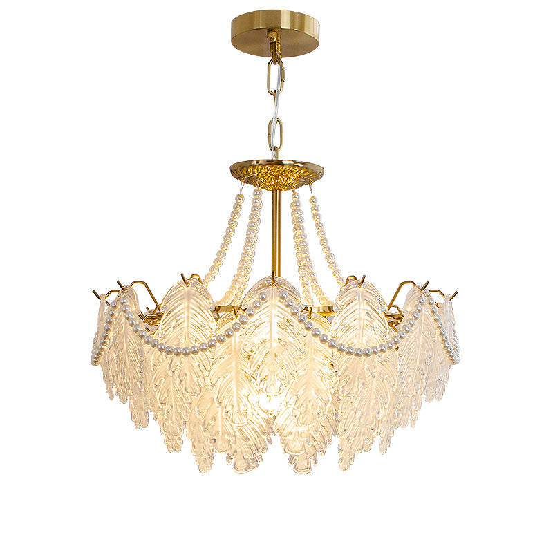 Lustres traditionnels en fer, verre et perles à feuilles multilayers 3/6/9/12/16 lumières pour chambre 