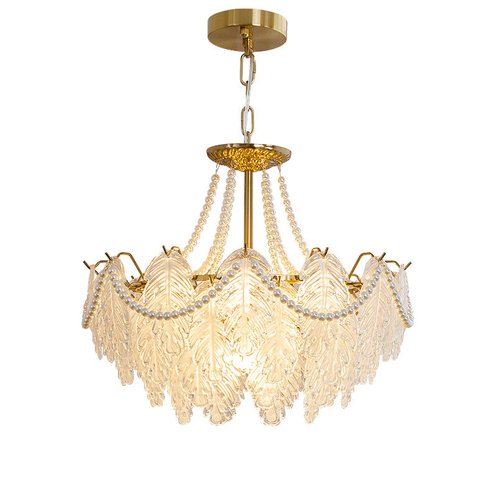 Lustres traditionnels en fer, verre et perles à feuilles multilayers 3/6/9/12/16 lumières pour chambre 