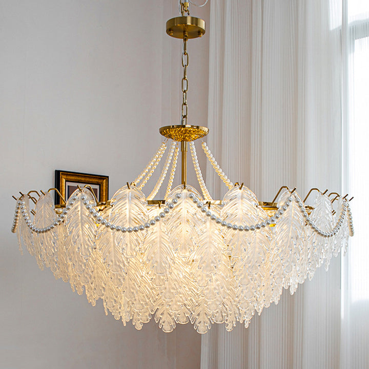 Lustres traditionnels en fer, verre et perles à feuilles multilayers 3/6/9/12/16 lumières pour chambre 