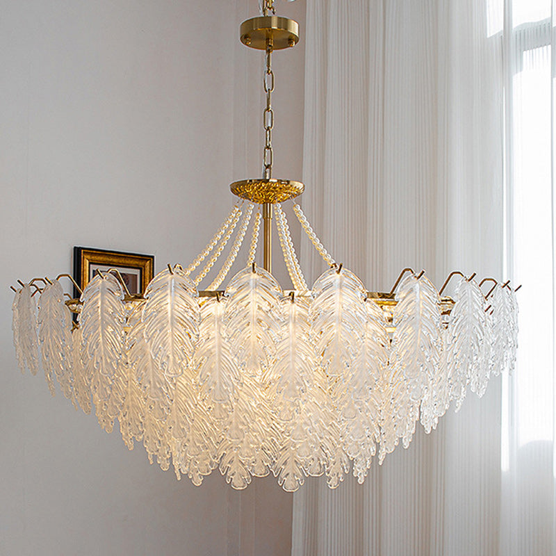 Lustres traditionnels en fer, verre et perles à feuilles multilayers 3/6/9/12/16 lumières pour chambre 