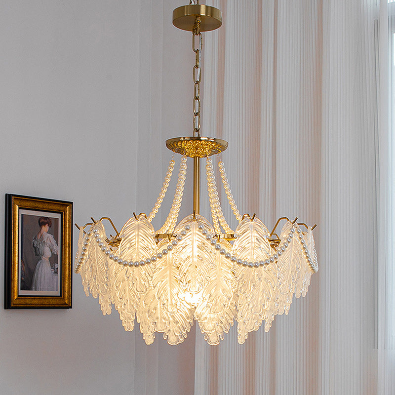 Lustres traditionnels en fer, verre et perles à feuilles multilayers 3/6/9/12/16 lumières pour chambre 